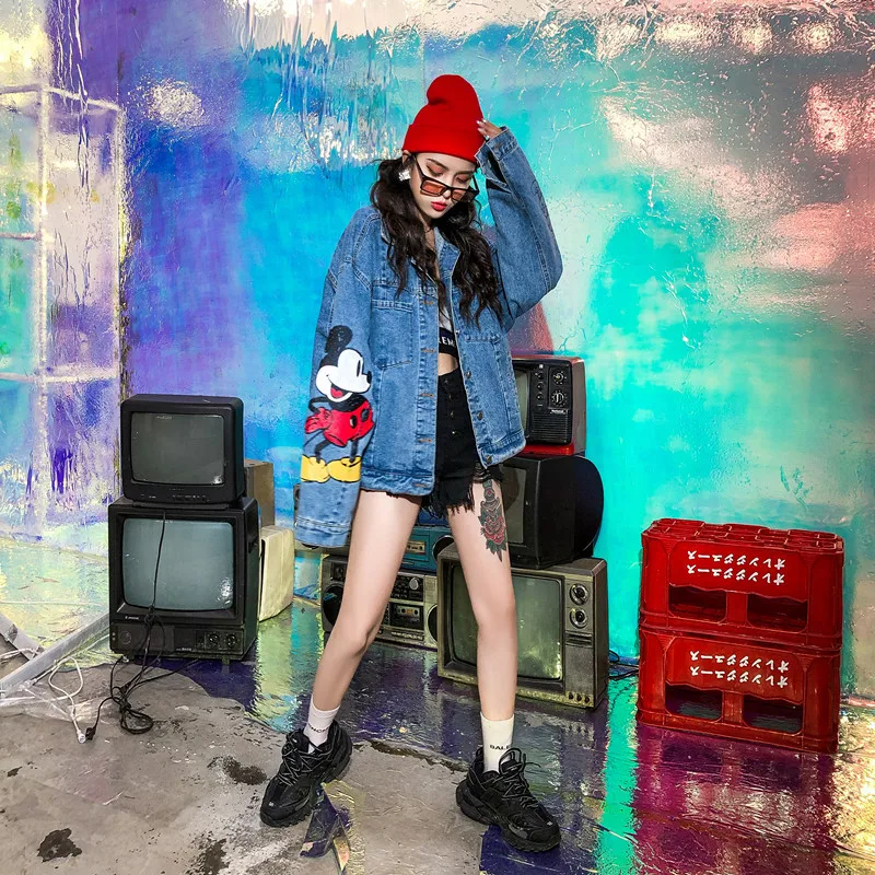 lower price  High quality autumn models wild trend personality loose denim ladies jacket was thin cartoon street