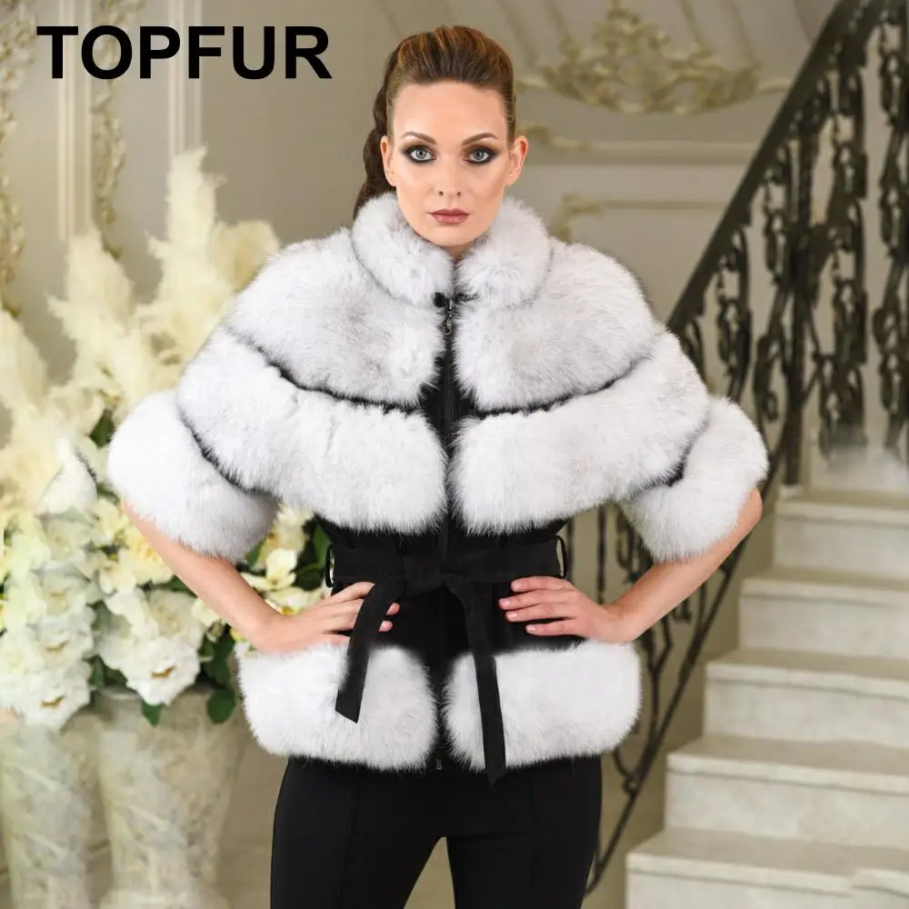TOPFUR модное зимнее приталенное пальто с поясом, пальто из натурального меха для женщин, натуральный голубой Лисий мех, половина рукава, круглый вырез, кожаная женская куртка