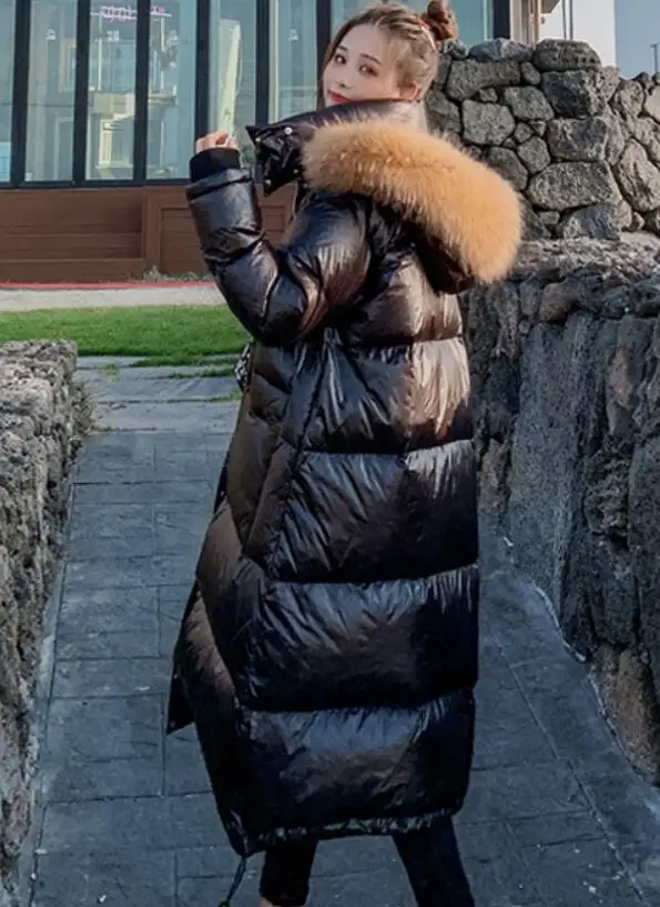 Настоящий натуральный мех, новинка, зимняя куртка для женщин, свободный пуховик на утином пуху, Женская длинная пуховая парка, толстое пальто с капюшоном, пальто размера плюс - Цвет: black coat brown fur