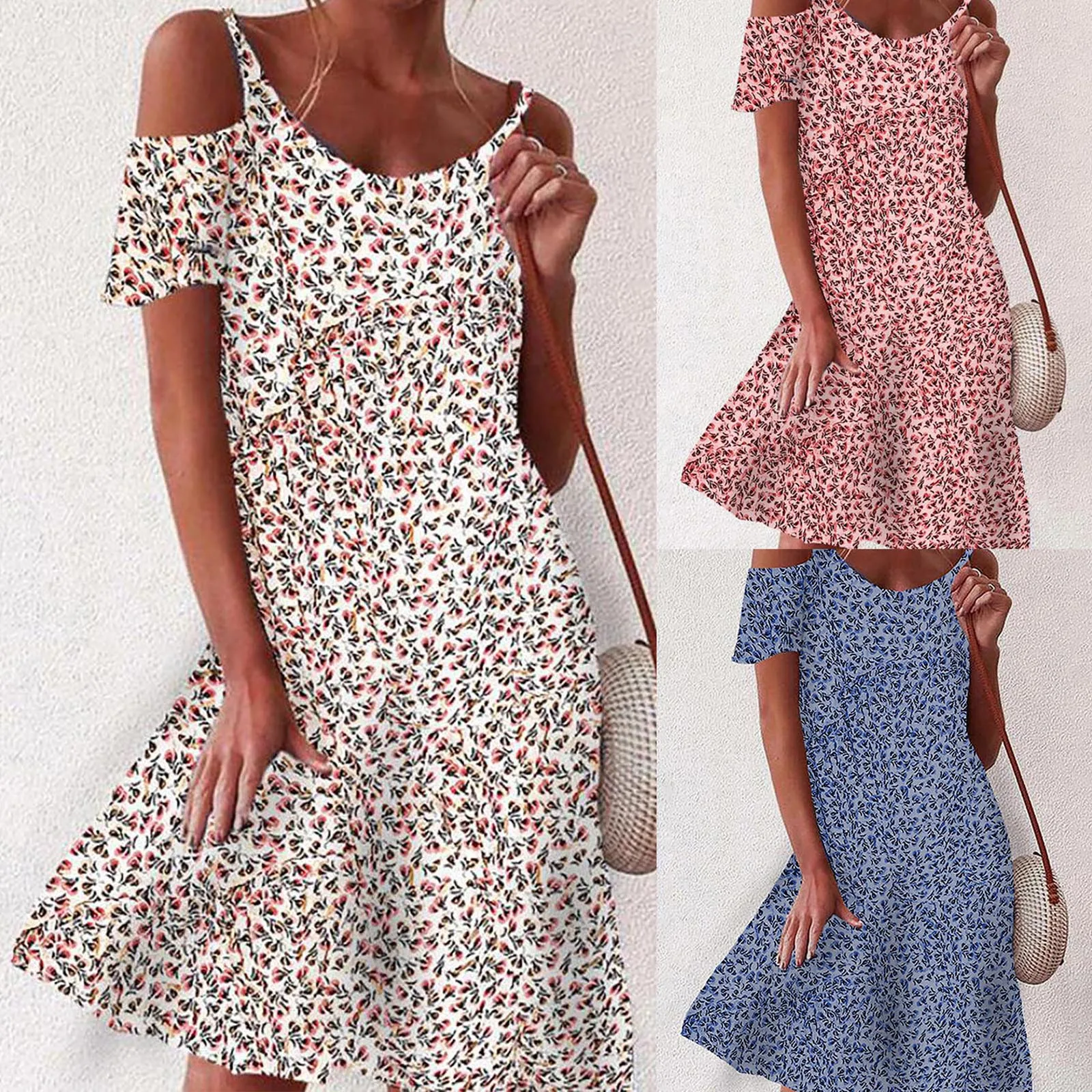 Camisole Dress  Women Summer Bohemian O-neck Print Short-sleeved Strapless Female Pullover Elegant Dresses Streetwear Vestidos 1