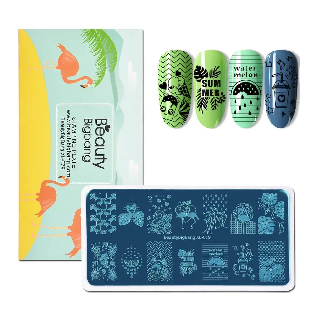 

BEAUTYBIGBANG Nail Stamping Plates Summer Flamingo Fruit Tropical Punch Pattern Rectangle Image Stamping Plate Polish Needed