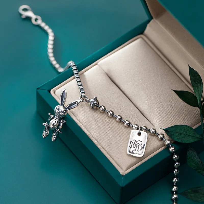 925 Silver Rabbit Bracelet Punk Jewelry Charm Bracelet Bijoux Minimalism Bangles Vintage Joyas Boho Silver Bangles for women