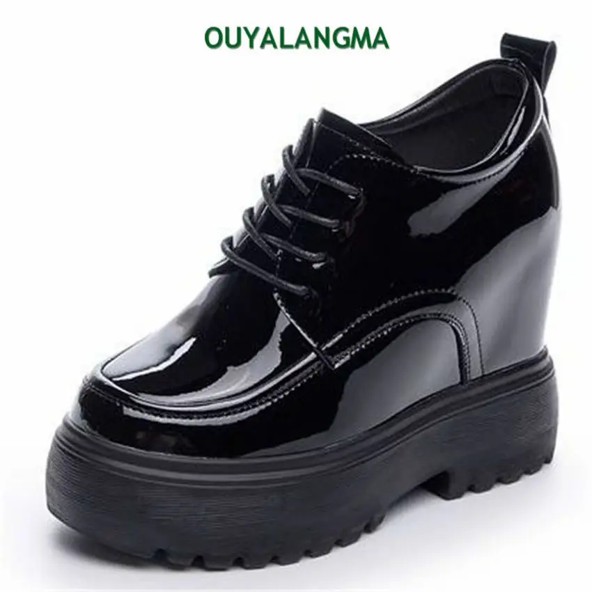 

Military Riding Ankle Boots Women's Glossy Cow Leather Round Toe Platform Wedge High Heels Motorcycle Cool Oxfords Pumps