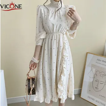 

VICONE Elegant O-neck Ruffle Split Printed Women Dress Long Sleeve A-line Female Dress 2020 Vintage Women Midi Vestidos