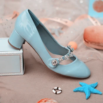 

Prowow New Sky Blue Black Round Toe Crystal Strap Slip On Pumps Thick Heel Middle Heel Spring Summer Pumps Shoes Women