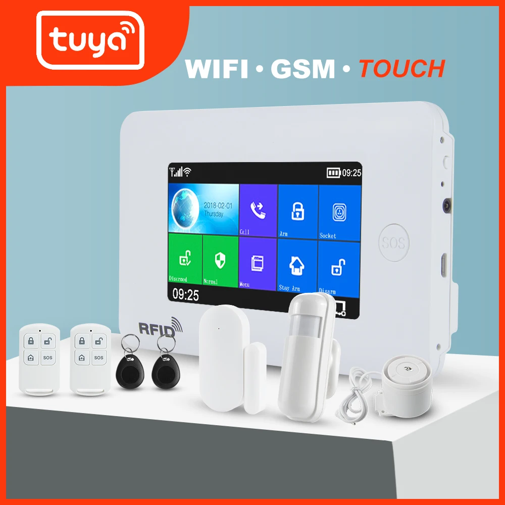 Photo Product Awaywar WIFI GSM home Security Burglar smart Alarm System kit Tuya 4.3 inch touch screen APP Remote Control RFID Arm Disarm