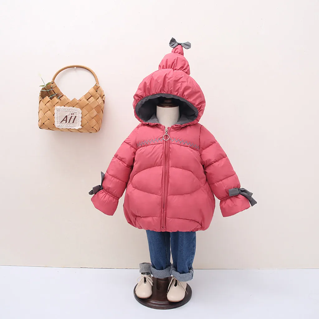 Детское платье с бантом для малышей; зимнее ветрозащитное однотонное пальто; теплая верхняя одежда с капюшоном; куртка