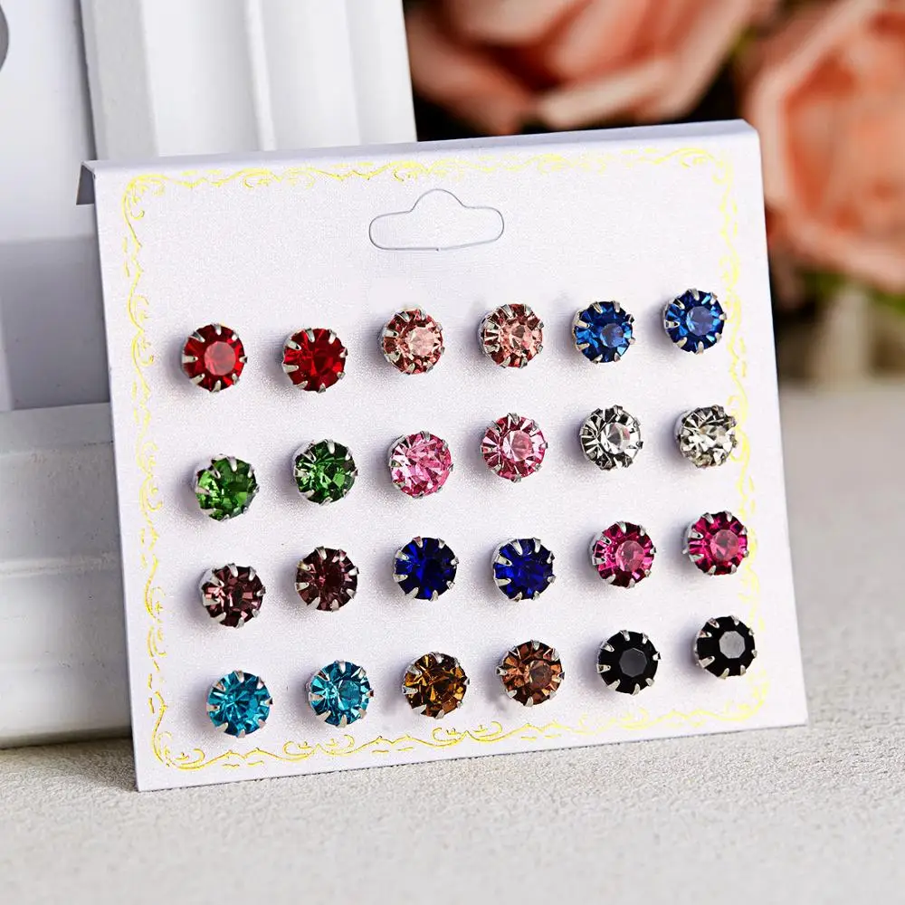 

Doreen Box Transparent Color Mixed Color Round Zircon Card Earrings Colorful Shiny Female Fashion Gift Earrings Jewelry 12 Pairs