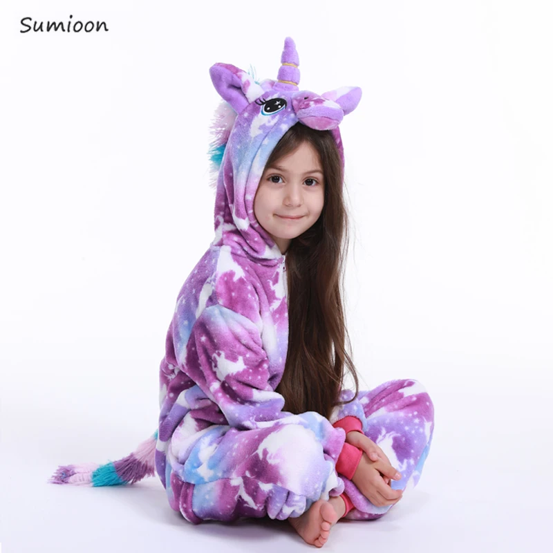 Зимние пижамы кигуруми, единорог для детей, пижамы для маленьких девочек, одежда для сна для мальчиков, животные, панда, единорог, комбинезон для детей