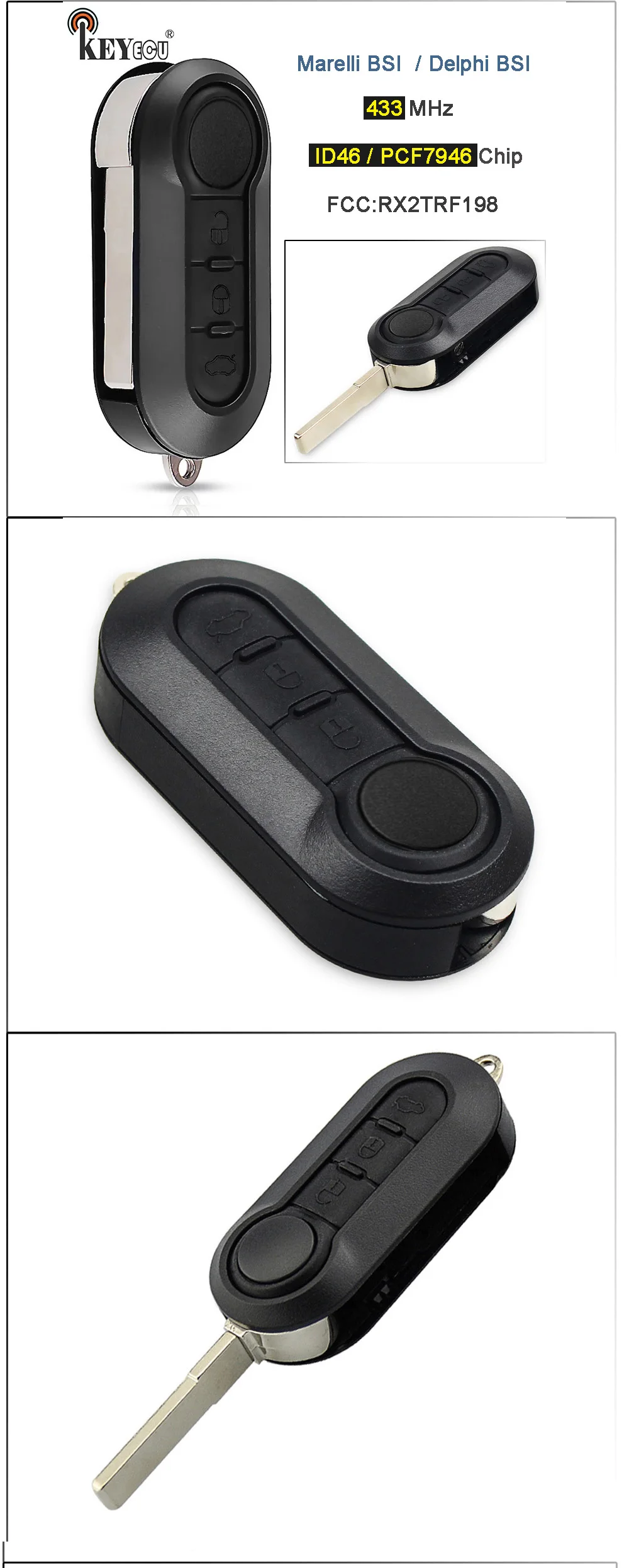 Keyforkess 433MHz ID46 Chip muslimah Flip Remote Car Key Fob 3 pulsanti per Fiat 500L MPV Ducato per Citroen Jumper per Peugeot Boxer -