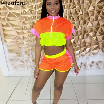 

Wjustforu Summer Patchwirk Mesh Sporting Two Piece Set Women Short Sleeve Jacket + Cycling Shorts Female Casual 2 Piece Set Slim