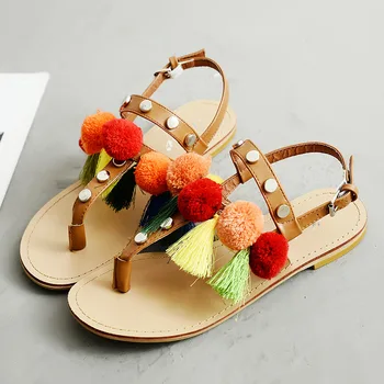 

Bohemian National Style 2020 New Women Sandals Summer Dress Buckle Fashion Tassel Flat with Female Shoes Colorful Hairball