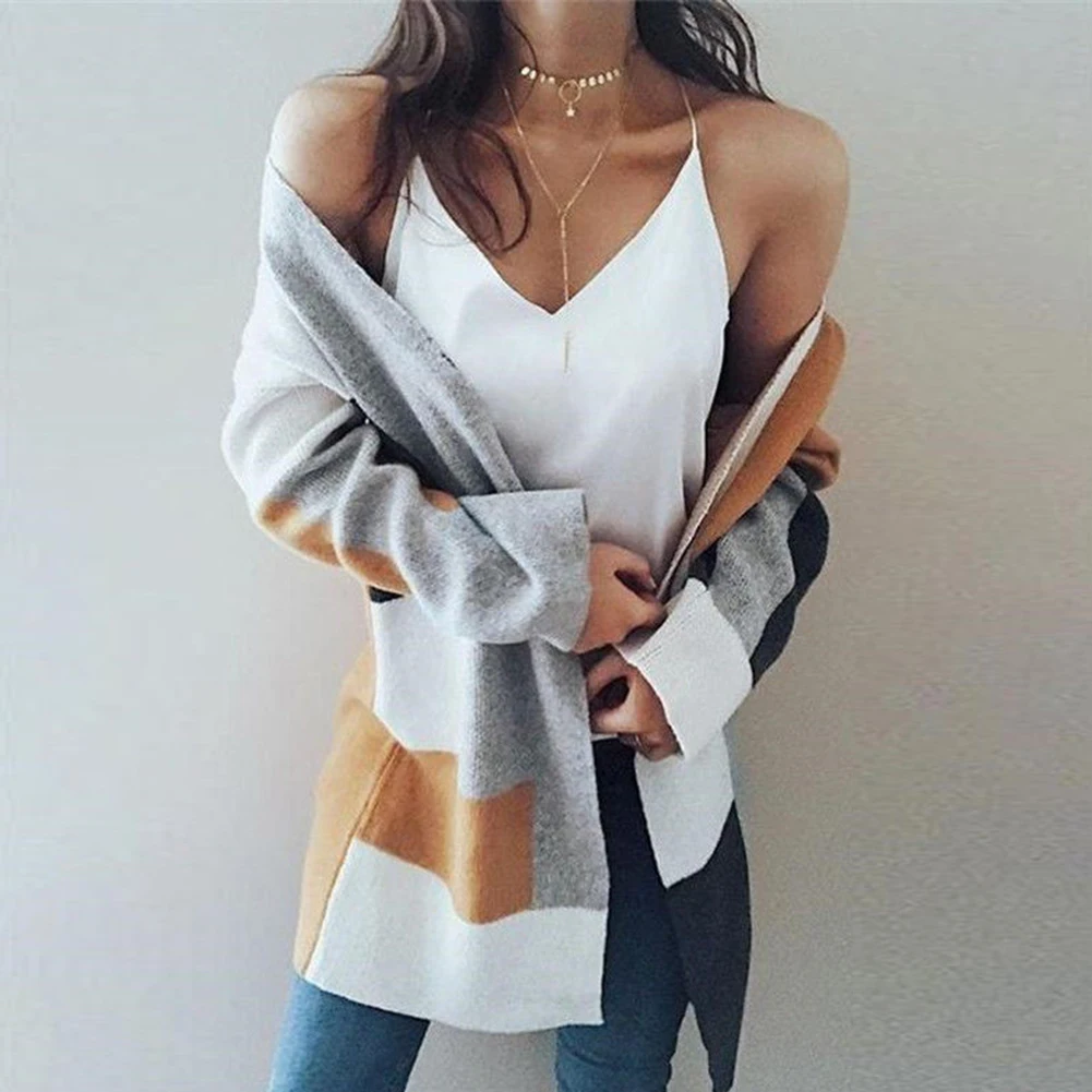 Women Winter Open Stitch Cardigan Coat Long Chunky Knitted Oversized Sweater Contrast Color Long-sleeved Loose Knit Sweater