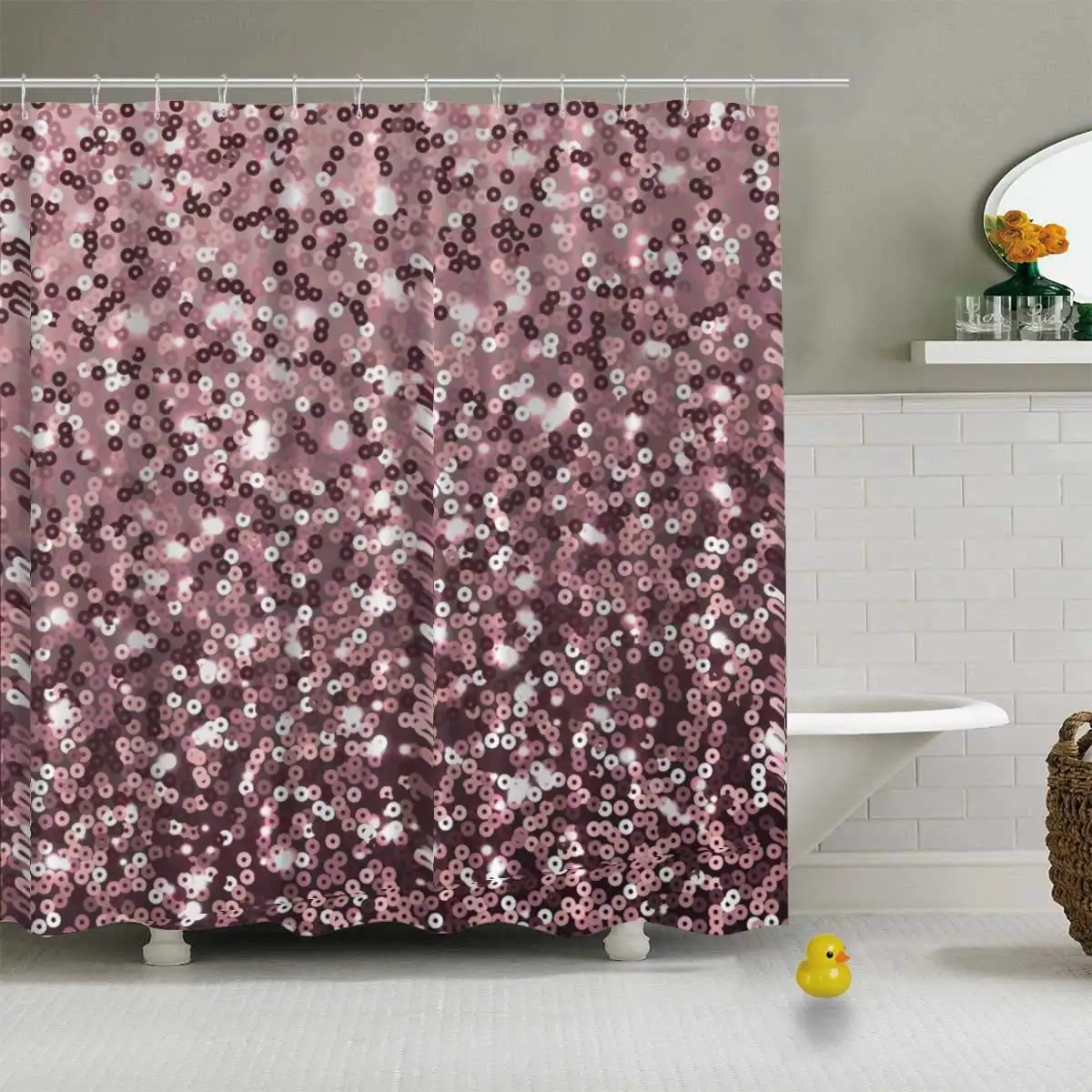 

Rose Gold Sequins On Pink Background Vector Modern Shower Curtain for Kids Bathroom,72''L x 72''W