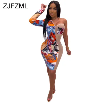 

Sexy Club Printed Mesh Dress Women One Shoulder Open Back See Through Wrap Mini Dress Ladies Plus Size Bodycon Package Hip Dress