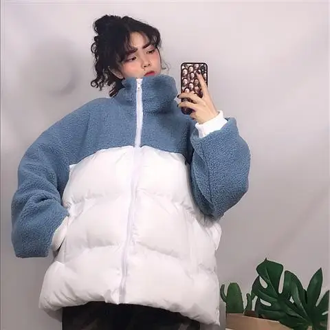 

New winter Korean version of imitation lamb wool splicing thickened warm cotton padded jacket thickened cotton padded jacket
