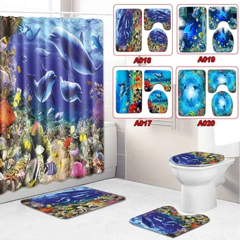 

3 In 1 Ocean Dolphin Series Bathroom Non-slip Mat Set Waterproof Shower Curtain Set Pedestal Rug Lid Toilet Seat Cover Bath Mat
