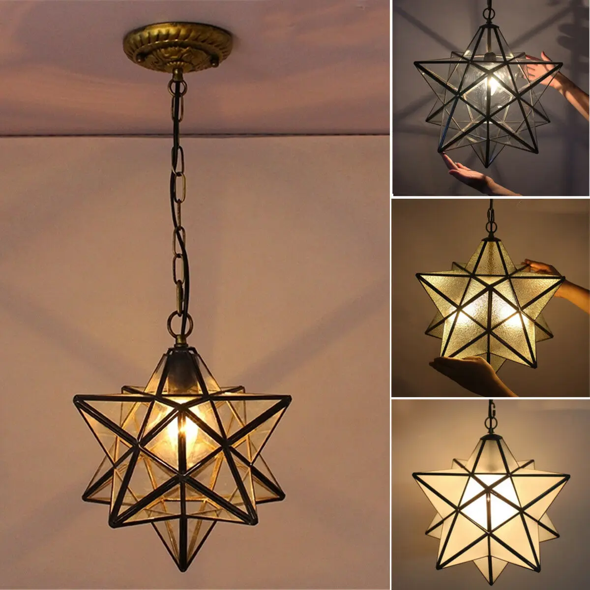 30cm Antique Moravian Star Lamp Pendant Ceiling Light Metal Glass Shade Lights 