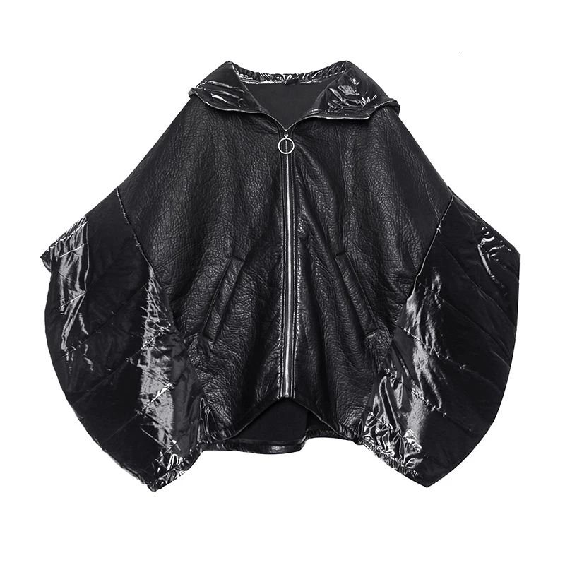 [EAM] пальто с хлопковой подкладкой из искусственной кожи большого размера с разрезом и длинным рукавом, Женская парка свободного кроя, модная новинка осень-зима 19A-a7 - Цвет: black