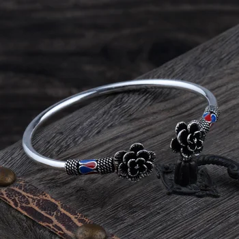 

MYTHIC AGE Real Solid 925 Sterling Silver Bangle Bracelet for Women Vintage Ethnic Enamel Rose Flower Jewelry Gift