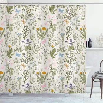 

Floral Shower Curtain Vintage Garden Plants with Herbs Flowers Botanical Classic Design Bathroom Decor Set