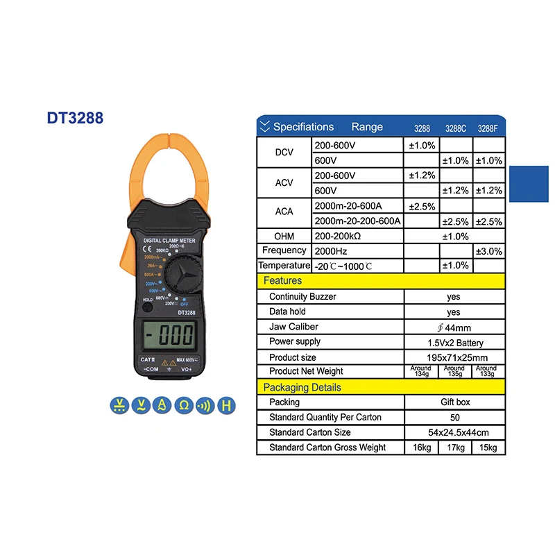 DT3288 цифровой Ампер клещи измеритель тока Токоизмерительные клещи Вольтметр Амперметр мультиметр точность измерения тестер