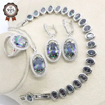 

New Arrival Silver 925 Rainbow Wedding Jewelry Sets For Women Necklace Ring Pendant Bracelets Gift Box