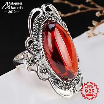 

S925 Huge Stone Fine Antique shop Ruby Rings Women Handmade Vintage Natural Carnelian Retro Ruby red jasper Agate