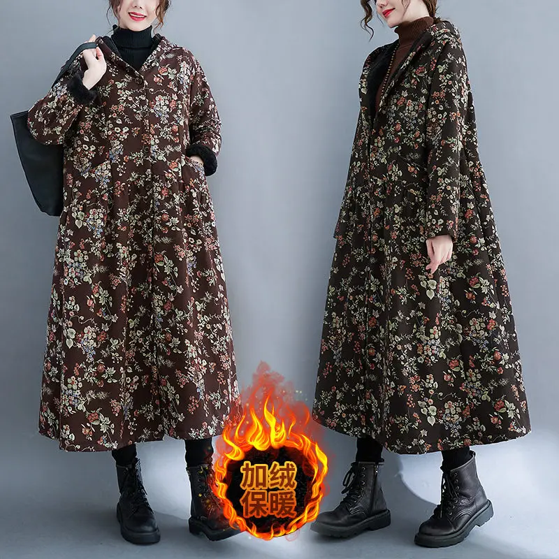 

Женская зимняя Длинная ветровка с капюшоном, из хлопка и льна