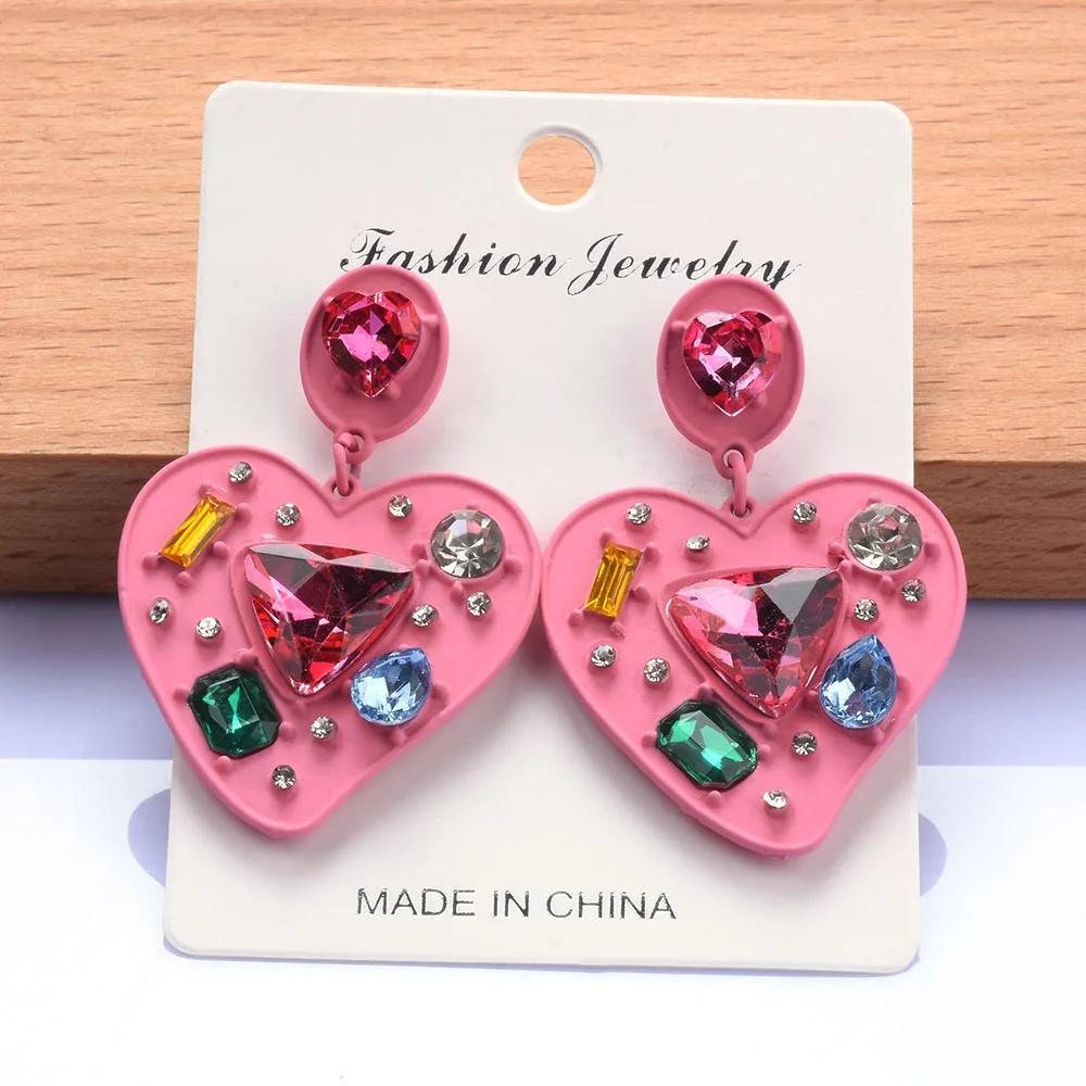 Enamel Pink Heart Shape Metal Stud Crystal Earrings Women