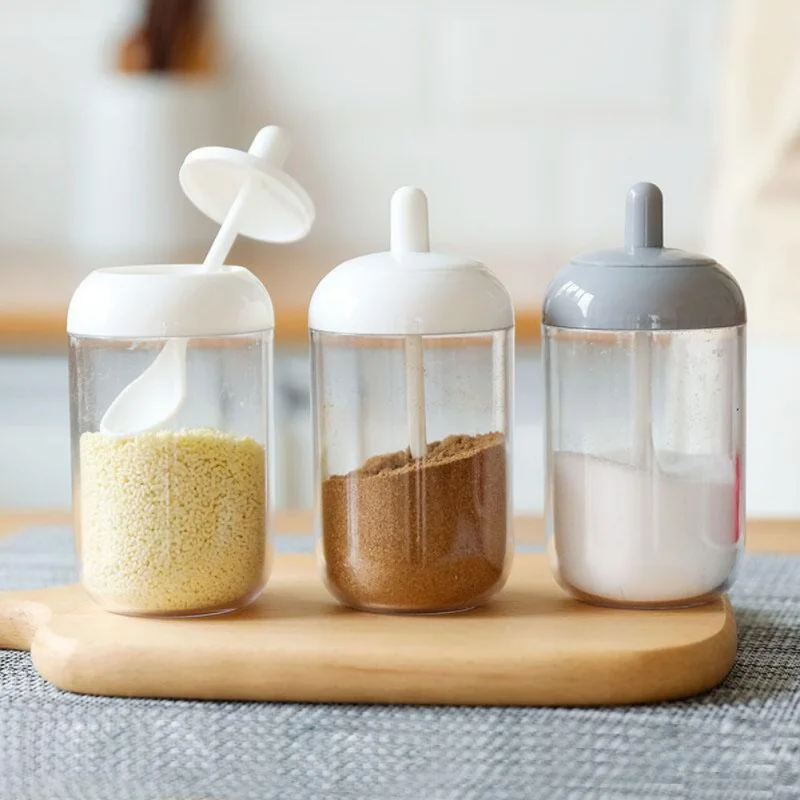 

Kitchen Moisture-Proof Sauce Seasoning Jar With Spoon Condiment Pots Clear Spices Container clear spices container