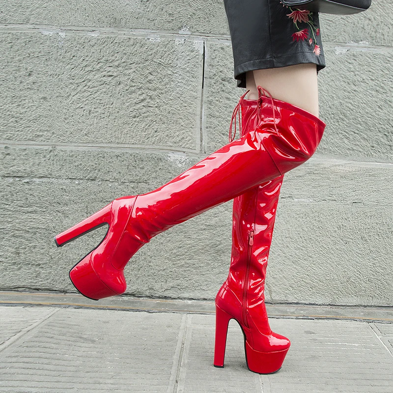 

Rimocy Women Platform Over The Knee Boots Sexy 17CM Super High Heels Red Patent Leather Long Boots Woman 2019 Winter Black Shoes
