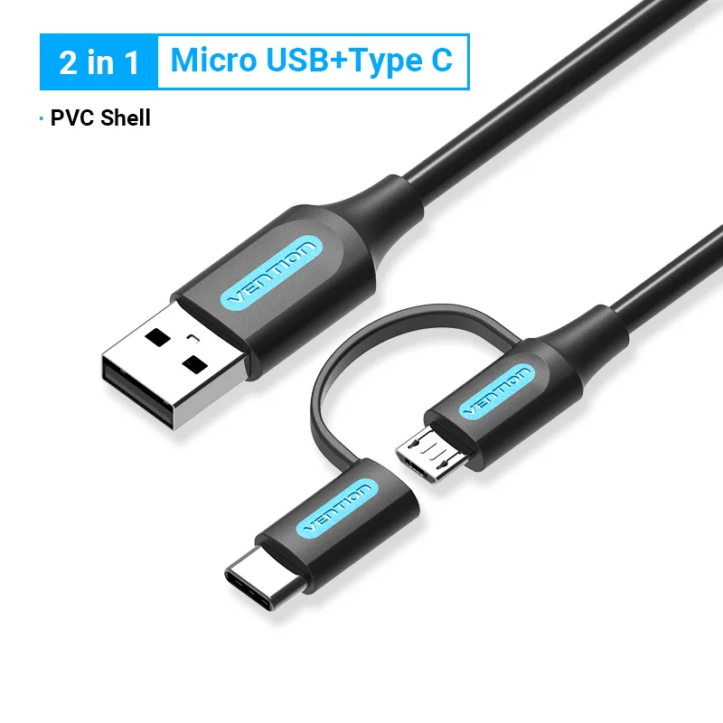 android charger type c Vention 2 in 1 USB Type C Cable for Xiaomi Mi 9 3A Fast Charging USB Cable for Samsung Galaxy S10 S9 Plus Huawei Micro USB Cable iphone charger cable Cables