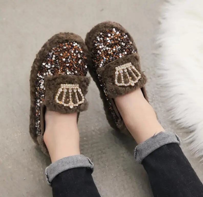 Winter girls doug shoes kids loafers children Princess shoes baby flat kids cotton fur shoes fashion glitter bow lacing