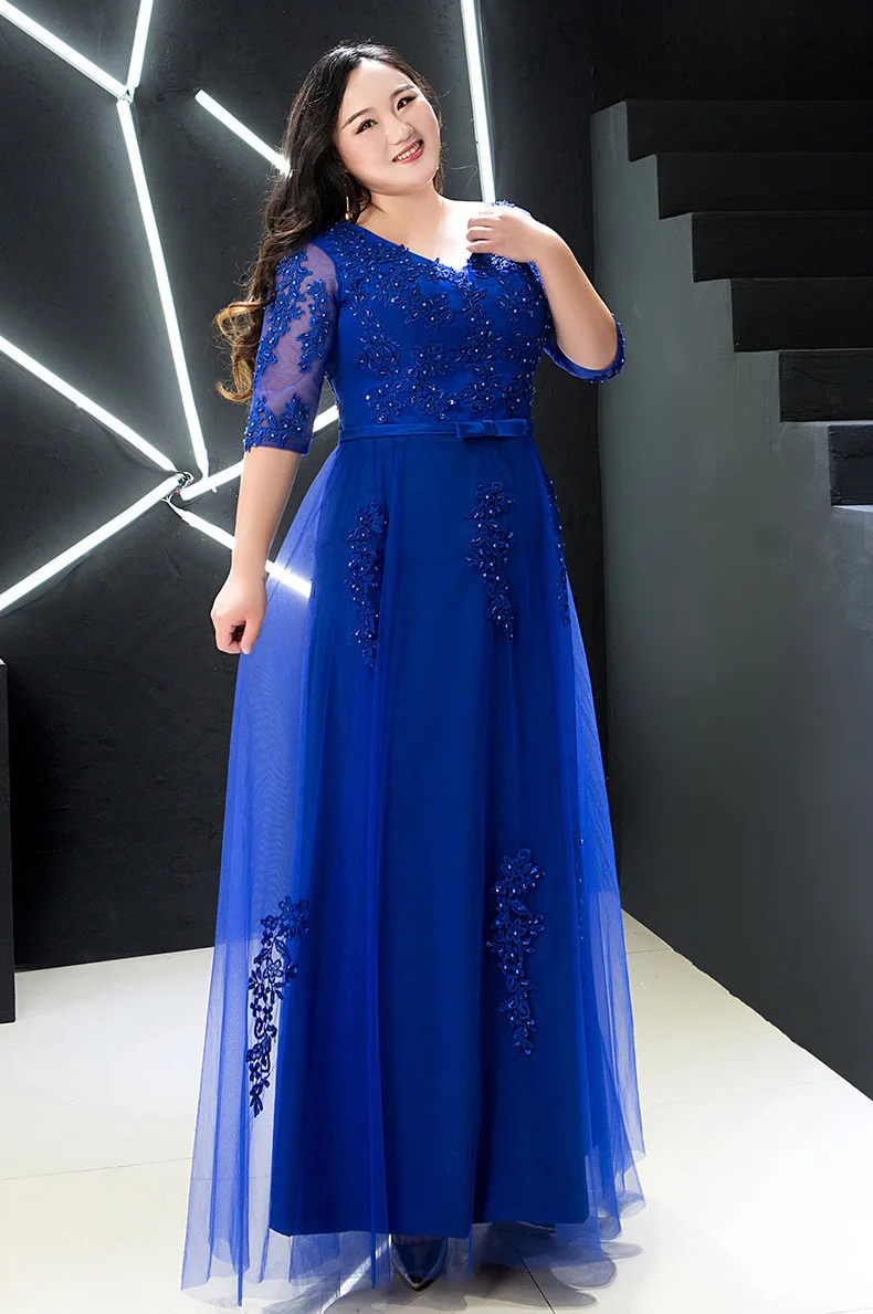 Elegant V-neck A-line Floor-Length Royal Blue Evening Gowns For Wedding Party Luxury Beading Appliques Long Prom Dress