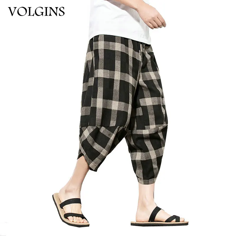 

Streetwear Mens Cotton Linen Beach Pants Male Summer Casual Calf-Length Pants Man Plaid Hip Hop Baggy Loose Trousers