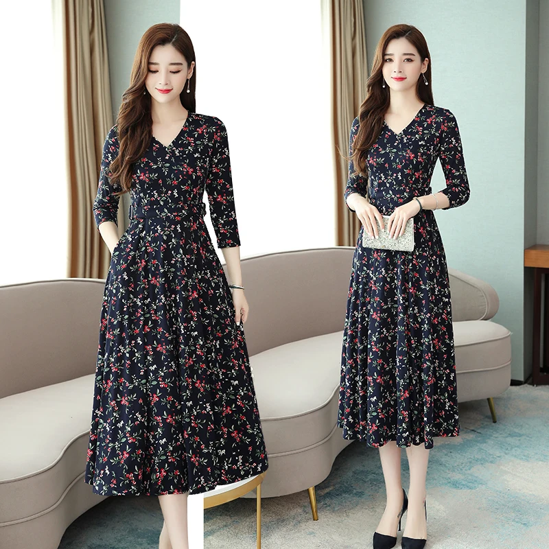 Autumn Spring Floral Print Long Sleeve Women Dress Slim Long Elegant Casual Party Dress Korean Style Plus Size 4XL 5XL