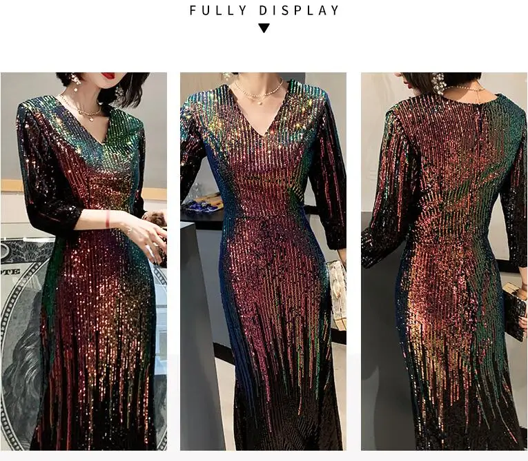 AE637 Robe De Soiree Половина рукава Вечерние платья с v-образным вырезом русалка с блестками вечерние платья женские элегантные платья для вечеринки