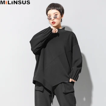 

New Gothic Black Plus Size M-XL T-shirt Women Fashion Asymmetry Patchwork Long Sleeve T Shirts Female Top Tee Winter Autumn 2019