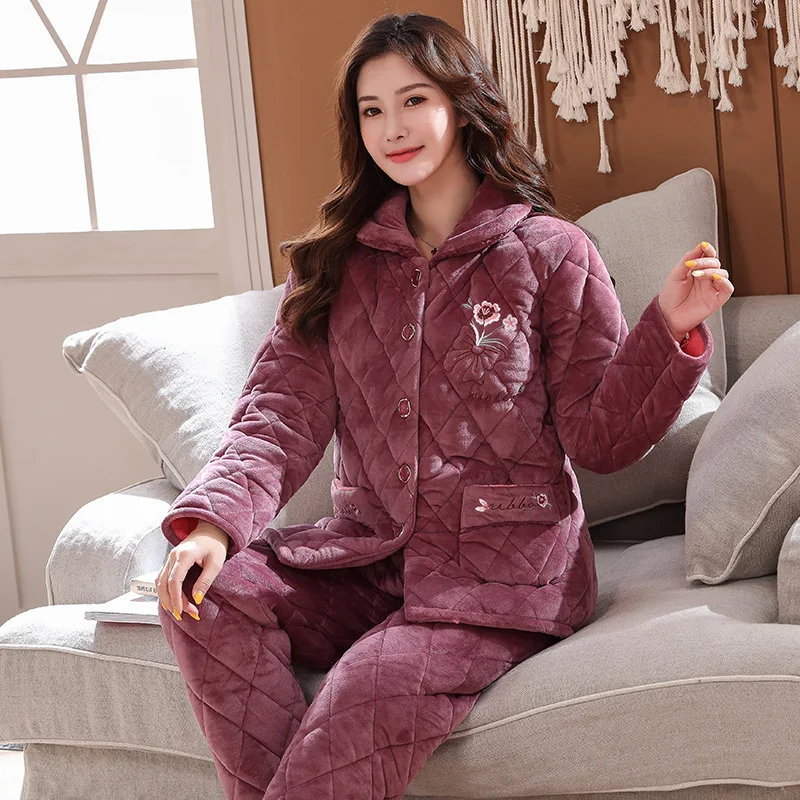 

96190 # Winter Flower Three Layer Padded Pajamas Women's Old Man Case Mink Cashmere Tracksuit M -Xxxl