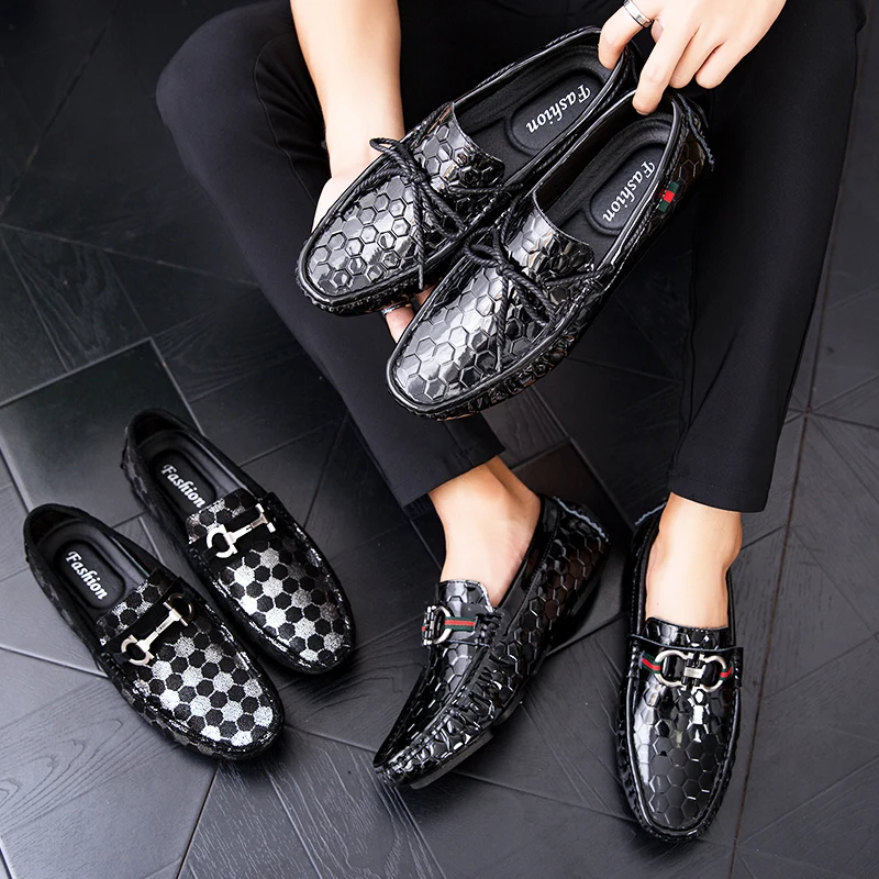 

Trendy Glossy Lattice Men Loafers British Genuine Style Leather Loafers Flats Non-slip Driving Shoes Soft Handmade Casual Shoes