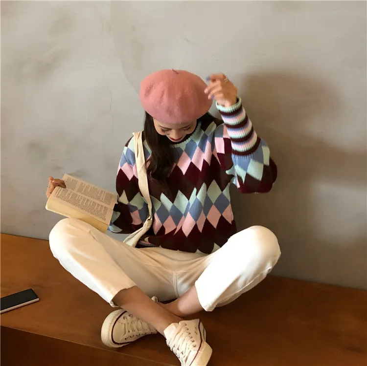 Geometric Sweater Women Thicken Knitted Winter Jumper Turtleneck Korean Harajuku Pullovers Casual Clothes Warm Loose V730