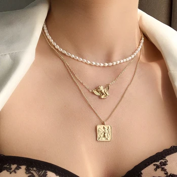 

Peri'sBox 3 Pcs/Set Angel Square Coin Necklaces Natural Freshwater Pearl Choker Necklaces for Women Layered Vintage Necklace New