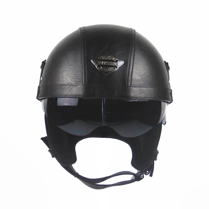 Мотоциклетный шлем мотоциклиста наполовину ПУ kask casco кожа ретро-шлемы козырек с воротником открытым лицом Половина двигателя с двойным объективом