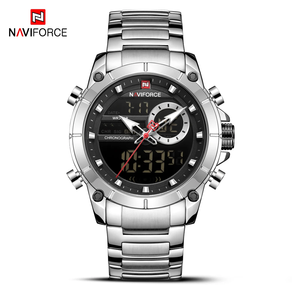 Billig NAVIFORCE Silber Edelstahl Männer Armee Militär Dual Display Quarz Led Uhr Männlichen Wasserdichte Uhren relogio masculino 9163