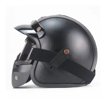 

Vintage Detachable Glasses And Mouth Filter Retro Mask Half Open Face Motorcycle Helmets 3/4 Leather Helmet