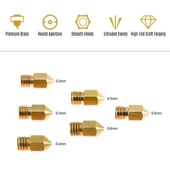

6 Sizes Set 3D Printer Extruder Brass Nozzle M6 Thread Printer Head 0.2mm Output for MK8 3D Printer 1.75mm Filament