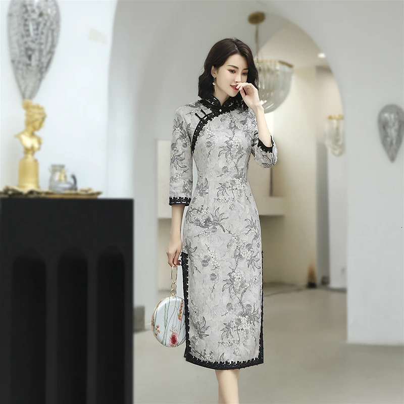 

Sheng Coco Chinese Traditional Dress Lace Tang Costume Cheongsam Gray Retro Print Qipao Ladies Long Sleeve Autumn Everyday Dress