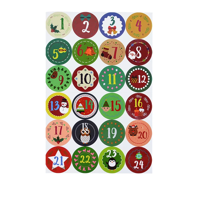 Merry Christmas Advent Calendar Number Paper Stickers 24Pcs 4.5cm DIY Scrapbooking Round Christmas Gift Sticker Label Xmas Decor,christmas advent calendar,christmas paper stickers