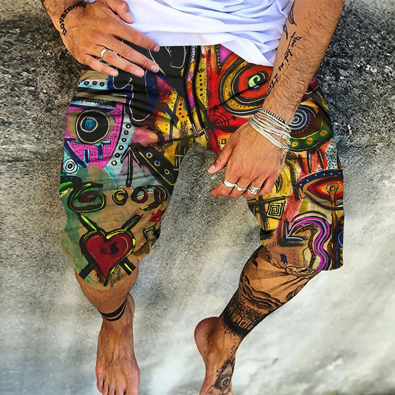 

Мужские летние модные 3D шорты, Гавайские пляжные брюки, свободные брюки с завязкой на талии, большие размеры, веселая Геометрическая тема